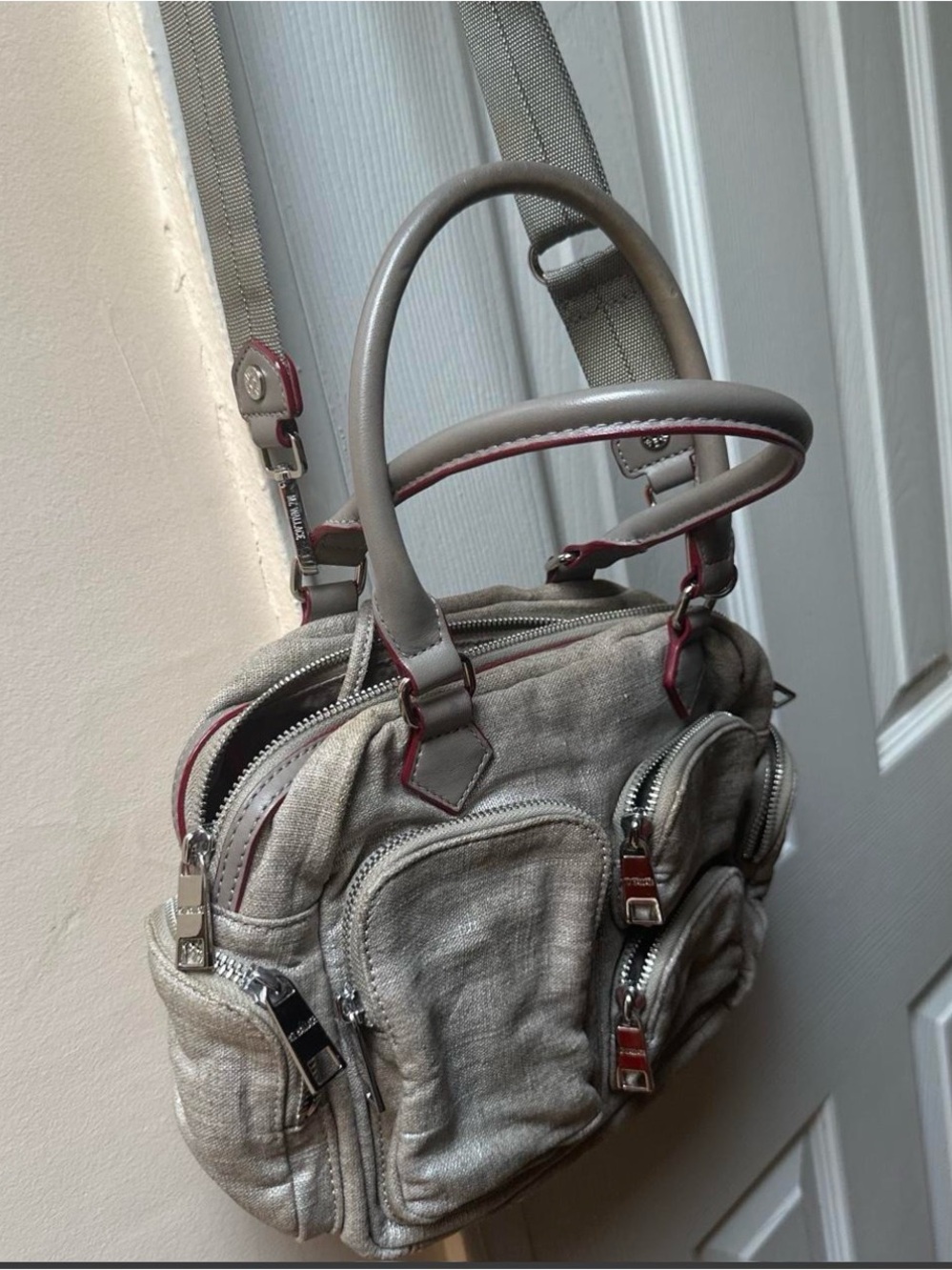 MZ Wallace Neutral Linen Shoulder Bag with Red Trim